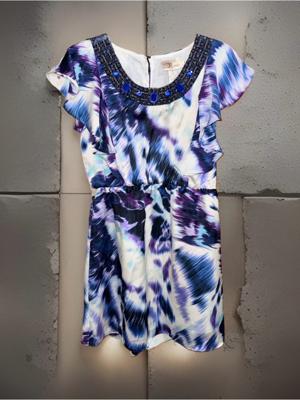 Vtg Roulette Blue & Purple Printed Ruffle-Sleeve Dress with Beaded Neckline-M-EC
